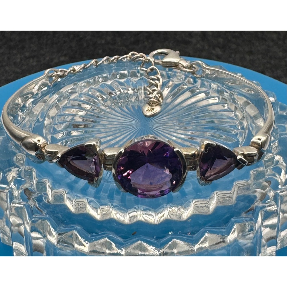 Sterling Silver Amethyst Bangle Bracelet Round Trillion Purple Stone 16g